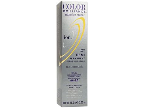 Ion intensive shine demi permanent creme hair color - PPD-free. ion Color Brilliance Intensive Shine Demi Permanent Creme Hair Color is a state-of-the-art European Ionic Formula that is a luxurious, long-lasting, deposit-only hair color without ammonia. This hair color covers and blends gray hair up to 100% without lifting the hair's natural pigment.